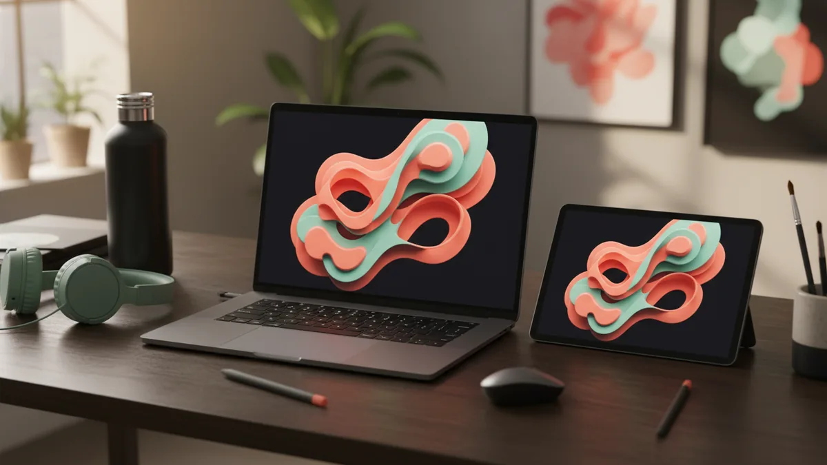 Creative workspace setup for designing a 3D logo with digital tools.